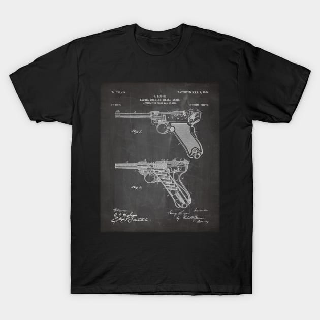 Luger Pistol Firearms Patent - Gun Lover Vintage Guns Art - Black Chalkboard T-Shirt by patentpress